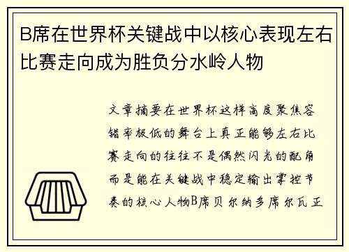 B席在世界杯关键战中以核心表现左右比赛走向成为胜负分水岭人物